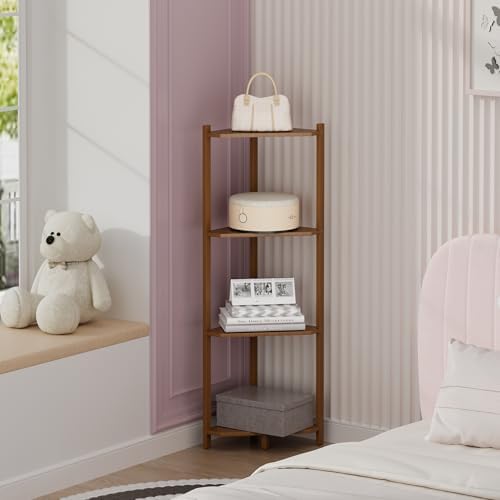Wisuce Bamboo Small Corner Shelf Stand, 4-Tier Brown Corner Bookshelf - Image 3