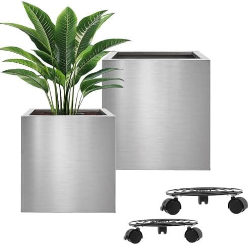 Longrun Stainless Steel Square Flower Pot - 9.8 & 11.8 inch Modern Garden Planter for Indoor & Outdoor Decor Two Packs by Longrun