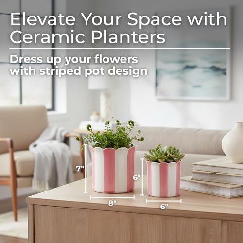 Set of 2 Ceramic Planters – Planter Pots for Greenery, Indoor or Outdoor Decor for Living Room, Patio, or Balcony – Striped Scallop Design for a Soft Tailored Look, Home Decor – 6" & 7", Pink & White - Image 2