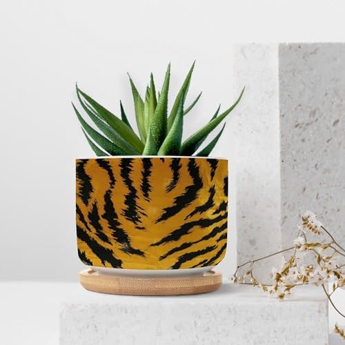 Tiger Fur Skin Ceramic Planters Black and Yellow Animal Stripe Print Snake Plant Live Indoor with Pot with Drainage Holes and Saucers Pot for Pots Outdoor Indoor Plants - Image 7