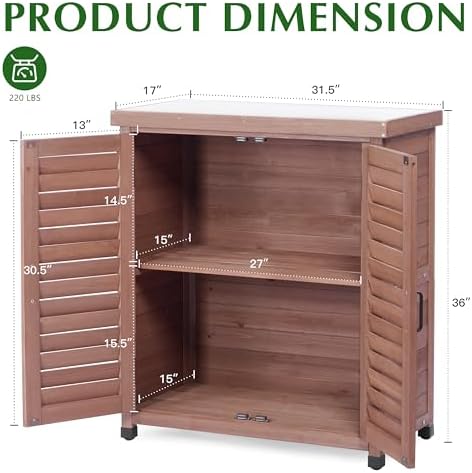 Outdoor Storage Cabinet & Potting Bench Table with Metal Top, Wooden Patio Furniture, Garden Workstation (Dark Brown, 36x31x17in) - Image 3