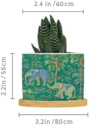 Animal Green Chinoiserie Planters Ceramic Asian Thailand Elephant Floral Round Flower Pot with Drainage Holes and Bamboo Tray Pot for Home Desktop Office Windowsill - Image 2