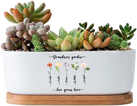 Personalized Birth Month Flower Plant Pot with Kids Names,Custom Grandma's Garden Ceramic Succulent Planter with Bamboo Tray Indoor Outdoor Home Decor Plants, for Mom Grandma,A3 by Uitwaieen