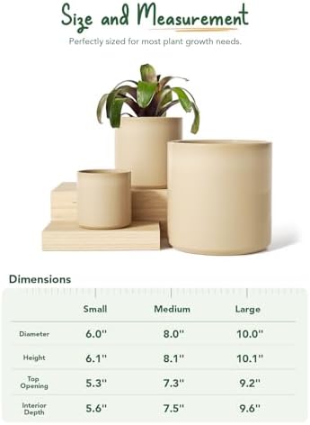 LE TAUCI 10+8+6 Inch Ceramic Pots for Plants, Indoor Planters with Drainage Hole and Plug, Modern Cylinder Flower Pots Set of 3 for Living Room and Bedroom, Glossy, Sand Beige - Image 5