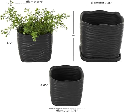 Deco 79 Ceramic Indoor Outdoor Planter Wavy Ribbed Large Planter Pot with Attached Saucer, Set of 3 Planters 7",6",5" H, Black - Image 6