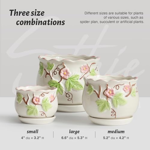 Ceramic Plant Pots with Drainage Holes and Saucers, Small Planters Set of 3 - Image 4