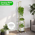 VyGrow Plant Stand Indoor, 2 Tier Hanging Tall Plant Shelf with Wheels, 3 Potted Corner Flower Stand Metal Plant Holder, Plant Shelves for Living Room, Bedroom, Patio, Outdoor, Gold - Image 2
