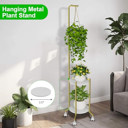 VyGrow Plant Stand Indoor, 2 Tier Hanging Tall Plant Shelf with Wheels, 3 Potted Corner Flower Stand Metal Plant Holder, Plant Shelves for Living Room, Bedroom, Patio, Outdoor, Gold - Image 2