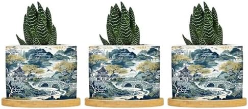 Trend Dragon and Print Planter Ceramic Chinoiserie Asian Inspired Round Plant Pot with Drainage Holes and Bamboo Tray Pot for Outdoor Garden Home Plant by BRUYU5SE