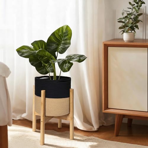 Plant Basket with Stand, Indoor Round Wicker Basket Plant with Bamboo Wood Stand, Decorative Black Woven Cotton Rope Flower Indoor Planter with Legs, Boho Bamboo Wood Planter Holder - Image 4