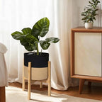 Plant Basket with Stand, Indoor Round Wicker Basket Plant with Bamboo Wood Stand, Decorative Black Woven Cotton Rope Flower Indoor Planter with Legs, Boho Bamboo Wood Planter Holder - Image 4