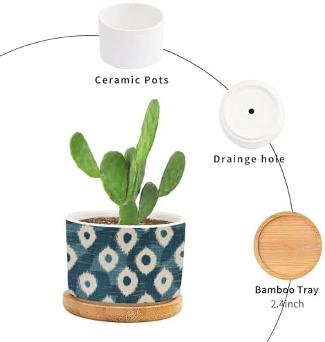 Blue and Ikat Bukhara Planter Ceramic Antique Ikat in Teal Round Plant Pots with Drainage Holes and Bamboo Tray Pot for Home Office Decoration - Image 3