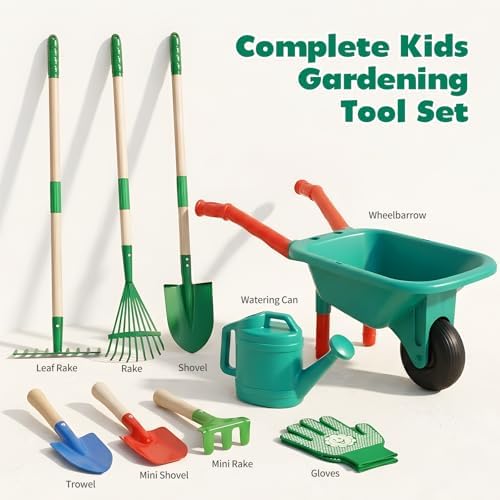 CUTE STONE Kids Gardening Set with Wheelbarrow, Kids Shovel and Rake Set - Image 3