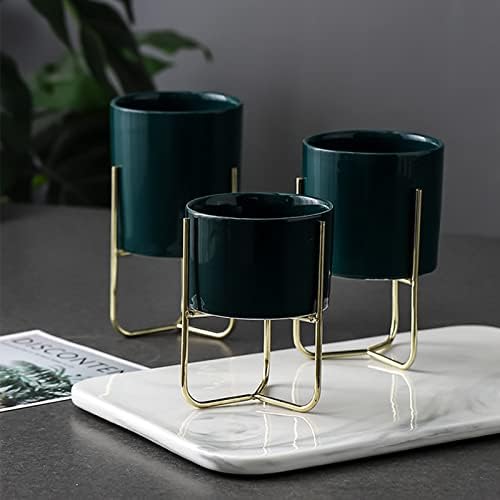 HASMI Plant pots Set of 3 Ceramic Flower pots with Metal Rack Desktop Flower Vases Planters for Succulents Home Gardening Decoration Without Hole Flower Pots (Color : E) - Image 3