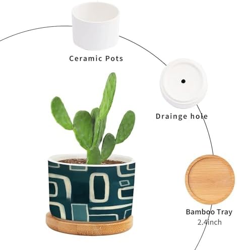 Teal Blue Graffito Ceramic Planters Green White Geometric Flower Pots for Indoor Plants with Drainage Holes and Saucers Pot for Indoor Outdoor Garden - Image 3