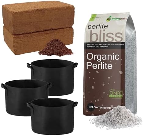Seed Starting Soil Mix (24 Qts) - Coco Coir 650gm Bricks (2-Pack) + Perlite Bliss + 3 Gallon Grow Bags - Seed Starter Soil for Indoor Plants, Outdoor Plants, Seedlings - Organic Coco Coir Perlite Mix by Plantonix