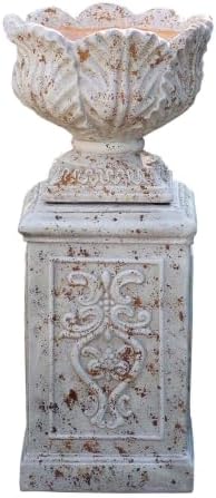 VISIBLE Vintage Cement Urn Planter with Ornate Pedestal Base, Rustic White, 14.2 x 31 Inch, Indoor/Outdoor (Rustic, Bundle) by VISIBLE
