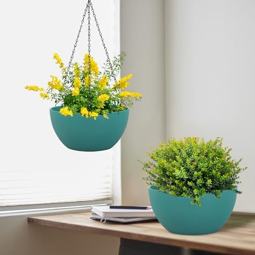 Meowell 12 inch Large Hanging Planters for Indoor Outdoor Plants, 2 Pack Hanging Flower Plant Pots with Drainage Holes and Chain for Garden Porch, Plastic Hanging Baskets for House Plants, Blue Green - Image 5