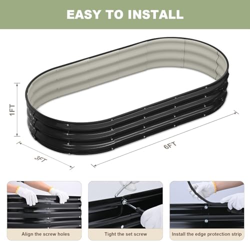 Raised Garden Bed, 6x3x1ft Galvanized Outdoor Planter Beds with Safety Edging and Gloves, Oval Metal Planter Box for Gardening Vegetables Flowers Herb-Black - Image 5