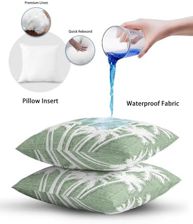 Tropical Palm Tree 12x20 Waterproof Outdoor Lumbar Pillows Set of 2 with Inserts, Vintage Sage Green Exotic Botanical Plants Patio Decorative Cushion Pillows for Outdoor Sofa Bench Porch Balcony - Image 7