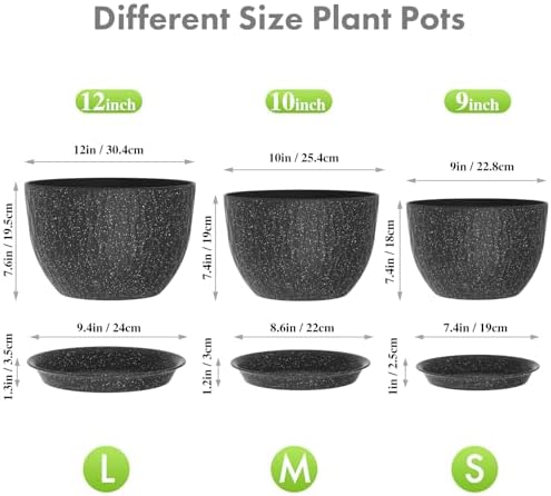 Meowell 12/10/9 inch Large Flower Pots, 3 Set Big Plant Pots for Outdoor Indoor Plants with Water Ripples, Wide Plastic Planters with Drainage Holes and Saucers for Garden House Plants, Speckled Black - Image 2