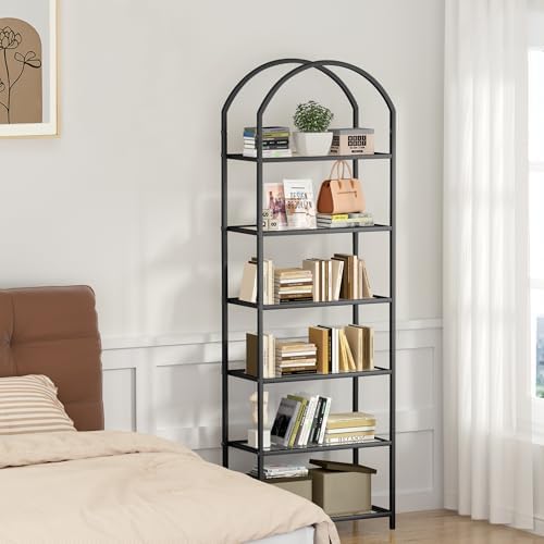 Homhedy 6-Tier Tall Black Bookshelf, Arched Bookcase with Glass Shelves - Image 3