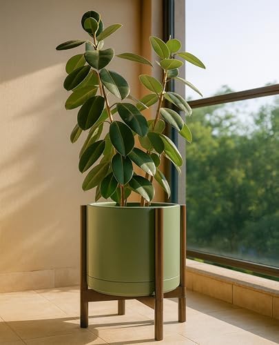 D'vine Dev Ceramic Pot with Walnut Wood Stand, Olive, 14 in, 55-B-T-J - Image 4