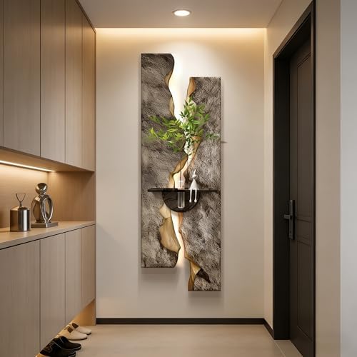 3D Textured Sandstone Wall Art with LED Light and Hydroponic Vase, Modern Framed Abstract Sculpture Wall Decor for Living Room Bedroom for Apartment Office Entryway(Brown-B,40x120cm (15.8x47.2in)) - Image 2