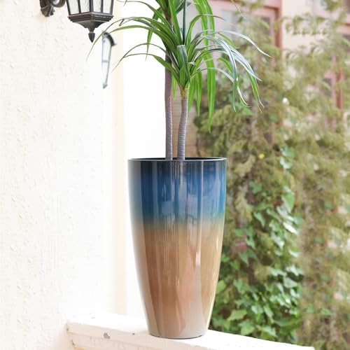 Tall Planters for Outdoor Plants, Heavy-Duty Plastic Lightweight Flower Pots Blue to Khaki Gradient Garden Pots Porch Planters Outdoor Set of 2 Gifts for Plant Lovers - Image 4