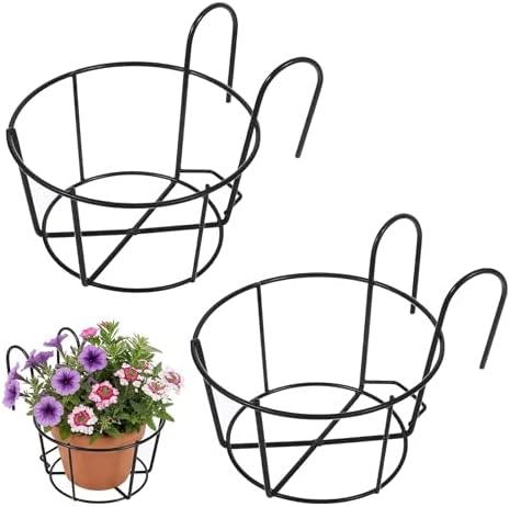 DOITOOL 2 Pcs Hanging Railing Planters 10 Inch Black Metal Plant Hanger for Balcony Fence Porch Deck Flower Pot Holder Baskets for Outdoor Indoor Vertical Garden Accessories by DOITOOL