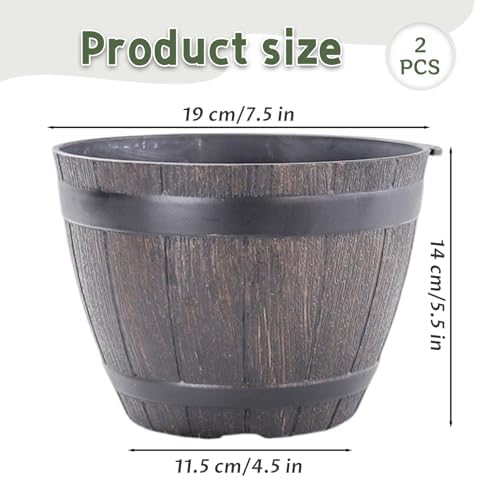2PCS Barrel Planter 7.5 Inch Resin Large Pots for Plants with Drainage for Indoor Outdoor Garden Yard - Image 4