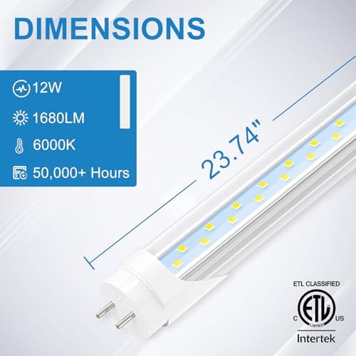JESLED 2FT T8 LED Tube Light, 6000K Cool Bright White, 12 Pack - Image 2