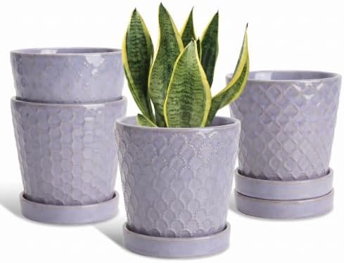EFISPSS Ceramic Plant Pots, 5 Inch Planters with Drainage Holes and Ceramic Tray, Relief Design Flower Planter, Desktop Office Windowsill Decoration Gift Set of 4 - Lavender by EFISPSS