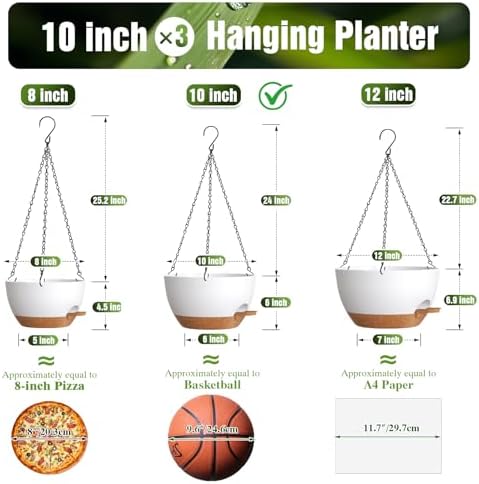 10 Inch Self-Watering Hanging Planters Set of 3 with Saucers - Image 4