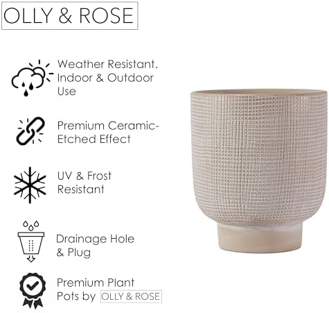 Olly & Rose Barcelona Raised Ceramic Plant Pot 22.5 x 24.5cm Patterned Light Beige Large Plant Pots Outdoor and Indoor - Beige Planters - Flower Pots - Image 3