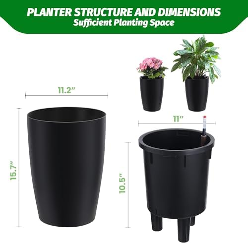 Self-Watering Tall Planter Set – 2 Large 16" & 22" Black Plastic Flower Pots with Drainage, Water Level Gauge – Indoor Outdoor Use, Patio, Porch, Balcony, Garden, Home Office - Image 4
