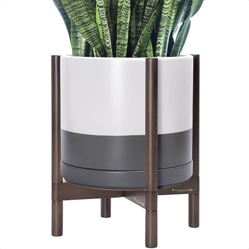 D'vine Dev Ceramic Pot with Walnut Wood Stand, White/Grey, 14 in, 55-B-T-6 by DvineDevPlanterPotsandStand