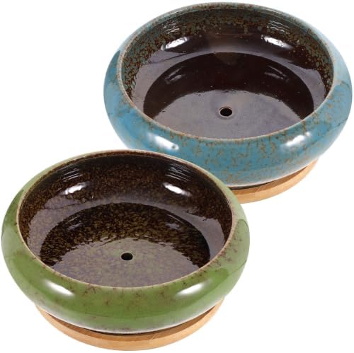 2 Sets Ceramic Bonsai Planter Pot with Tray, Flower Container by Unknown