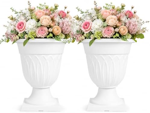 2 Pack 15.3″ Tall Urn Planters for Outdoor Plants, Classic Resin Flower Pots, Large Decorative Vintage Pedestal Planters for Indoor Outdoor, Front Porch, Entryway, Garden, Weddings (White) by Emlovosy