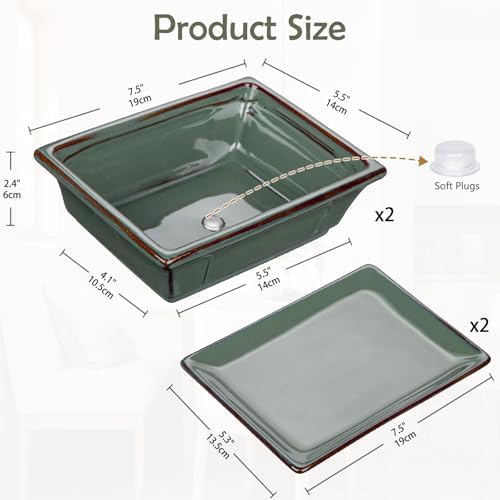 Villa Como Set of 2 Bonsai Pots with Drainage Tray, 7.5" Green Glazed - Image 2