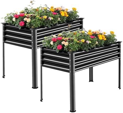 Land Guard 2Pcs Galvanized Raised Garden Bed with Legs, 48×24×32in Large Metal Elevated Raised Planter Box with Drainage Holes for Backyard, Patio, Balcony, 400lb Capacity (Gray) by LandGuard