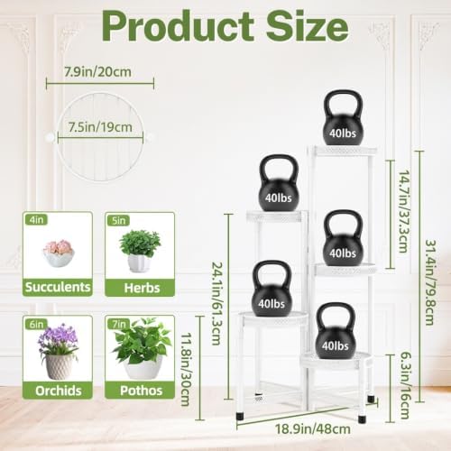 iDavosic.ly Plant Stand Indoor Outdoor, 5 Tier Iron Corner Shelf, White - Image 3