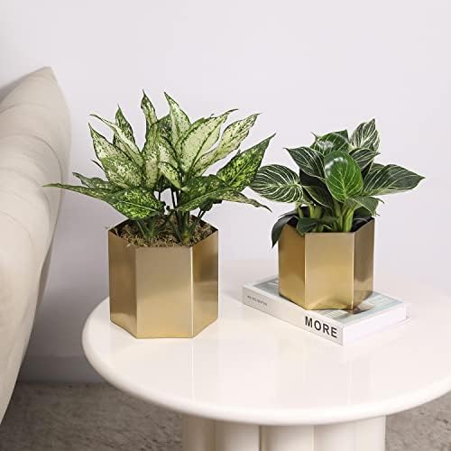 MyGift Metallic Brass Metal Hexagon Planter Pots Set of 2 Handmade in India - Image 4