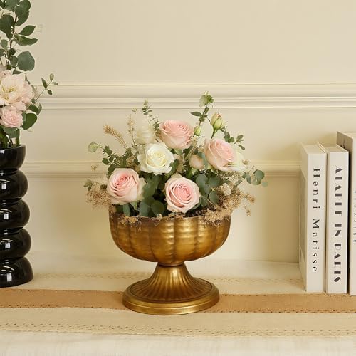 Retro Gold Vases for Centerpieces Set of 2 Brass Metal Vases for Flowers Decorative Pedestal Bowl for Table Centerpieces Floral Arrangments on Housewarming Wedding Party - Image 7