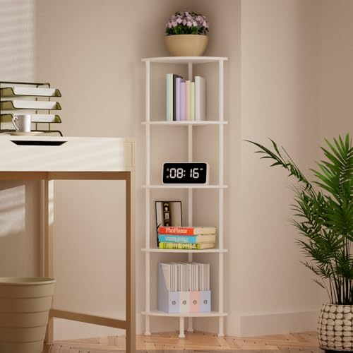 5-Tier Corner Shelf Stand, 52" Industrial Corner Display Rack for Living Room, Bookshelf, Tall Display Shelf, Plant Stand, Storage Standing Shelf for Bedroom, Bathroom, Kitchen, White - Image 2