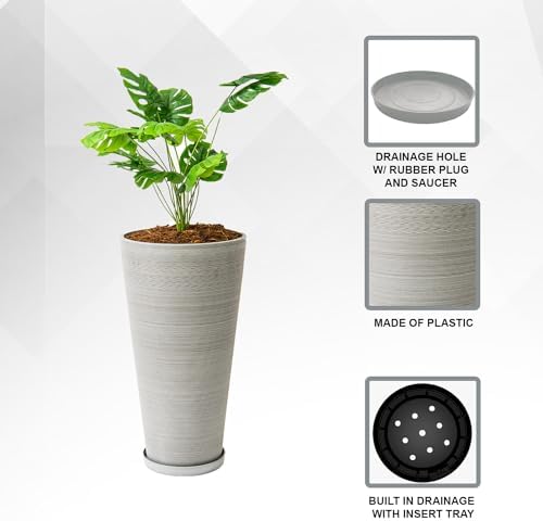 XBrand 28 in. Tall Round Tapered Planter for Indoor and Outdoor Patio Décor, Decorative Garden Flower Pot for Porch, Deck, Entryway and Backyard, Gray 1-Piece - Image 5