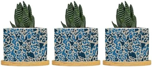 Leopard Blue and Light Brown Dot Ceramic Planters African Tribal Animal Print Planters for Outdoor Plants with Drainage Holes and Saucers Pot for Outdoor Garden Home Plant by BRUYU5SE