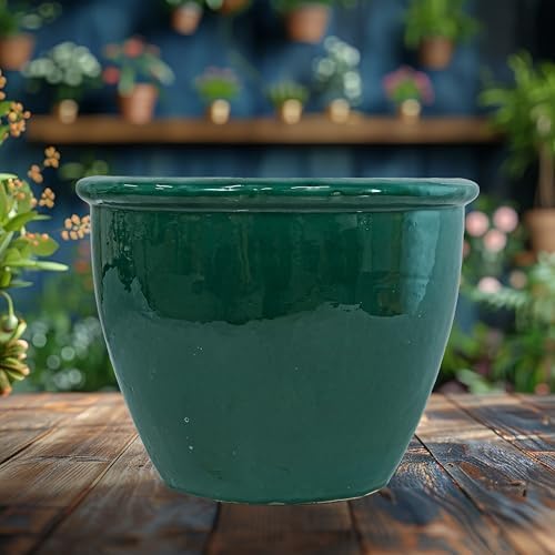 Sunnydaze Chalet 14.5" Ceramic Plant Pot, Dark Green Glaze - Image 6