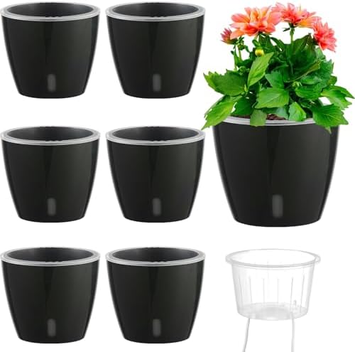 Self-Watering Pots for Indoor Plants, 6-Pack 6.7'' Self Watering Planter with Drainage Holes, Small African Violet Pots with Water Indicator, Clear Wick Pot, Black by KvyusFlourish