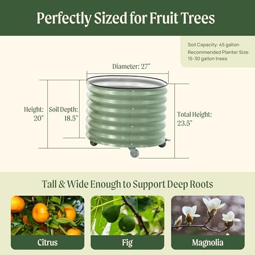 Rolling Metal Citrus Tree Planter Pot, 27″ Round Planter Box for Porch Patio & Backyard, 45 Gallon Large Planter Pot with Wheels for Growing Olive Trees Tomatoes Vegetables and Flowers, Olive Green - Image 2